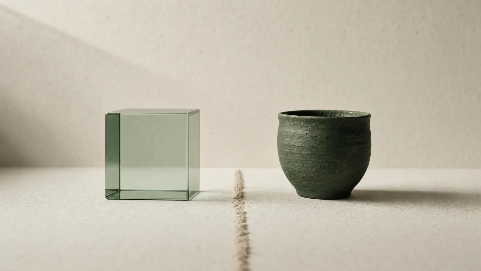 A flawless glass cube beside a hand-thrown green stoneware cup, a line of sand between them