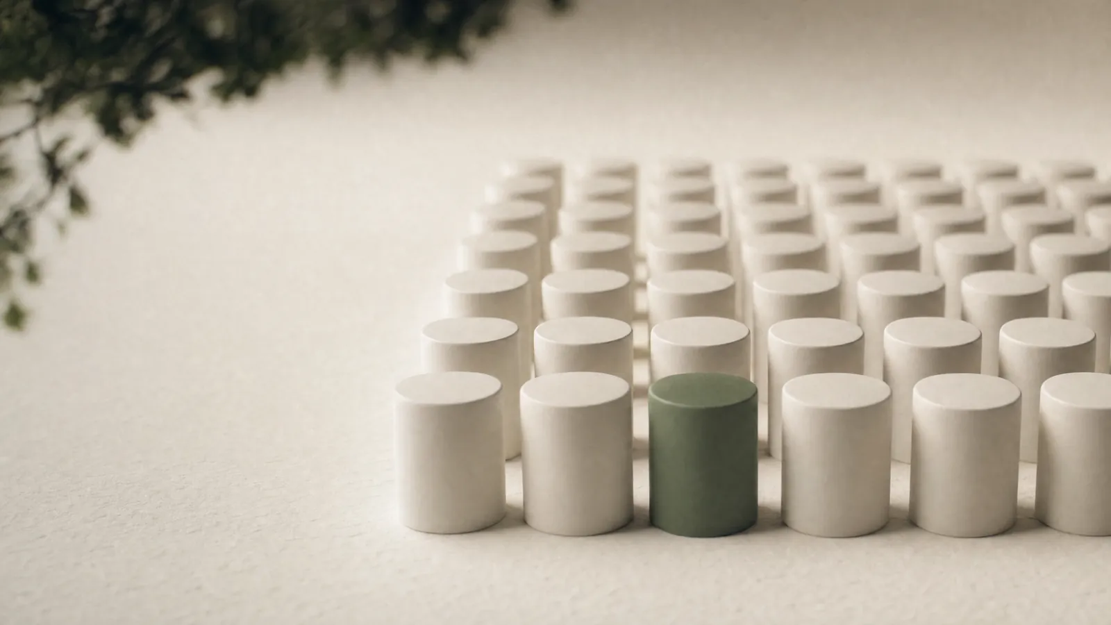 A precise grid of identical ceramic cylinders, one in sage green in the front row