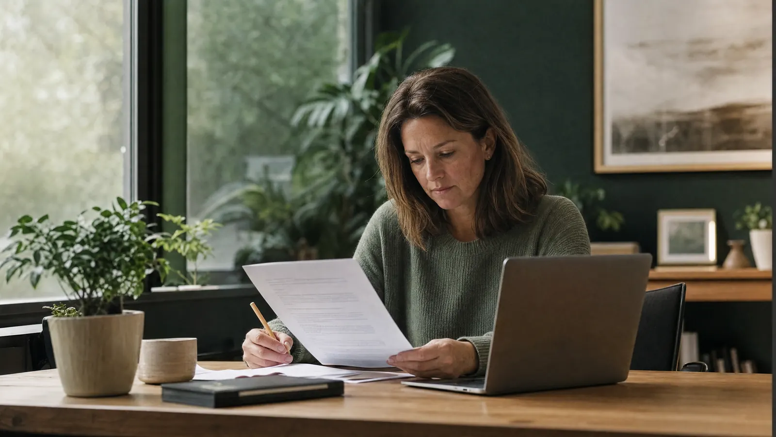 A hiring manager at her desk making notes on a printed job description