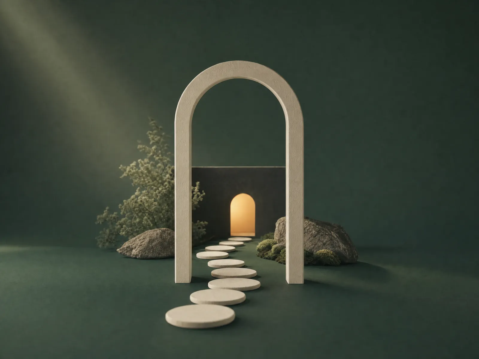 Stepping stones leading through an archway to a doorway lit amber from within