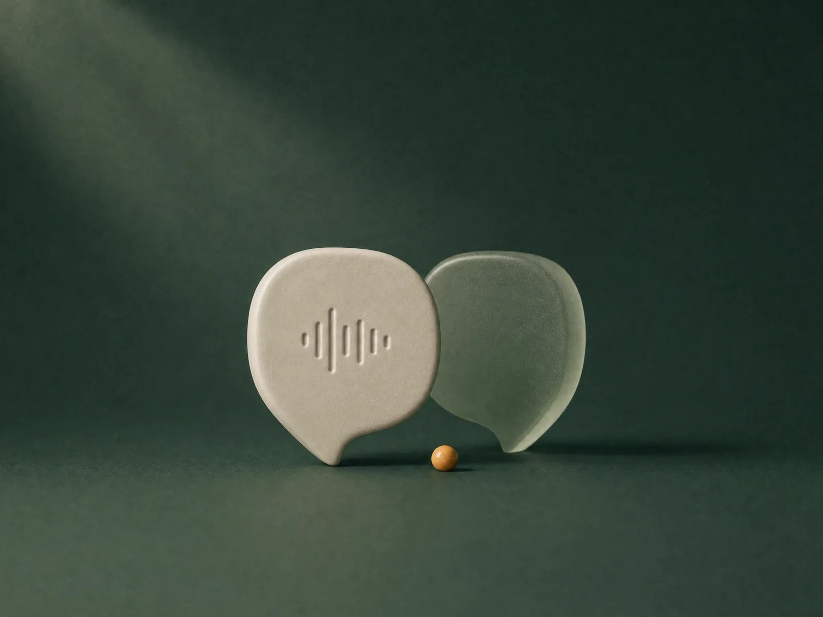 Two speech-bubble sculptures in dialogue, one carved with a voice-note waveform